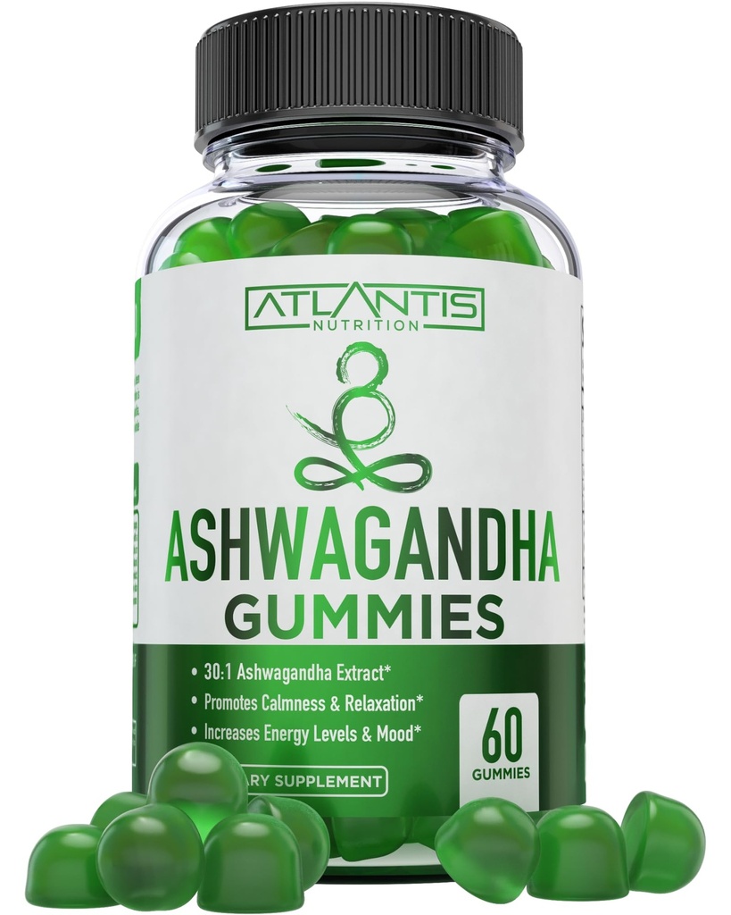 Nutrition Atlantis Ashwagandha Gummies - 1500 MG Per Serving - Promotes Calstice, Improve Mood, Boosts Energy Levels & Strengthens Immune System - Formulasi dengan Vitamin D & Zinc - Vegan 124; 60 Count