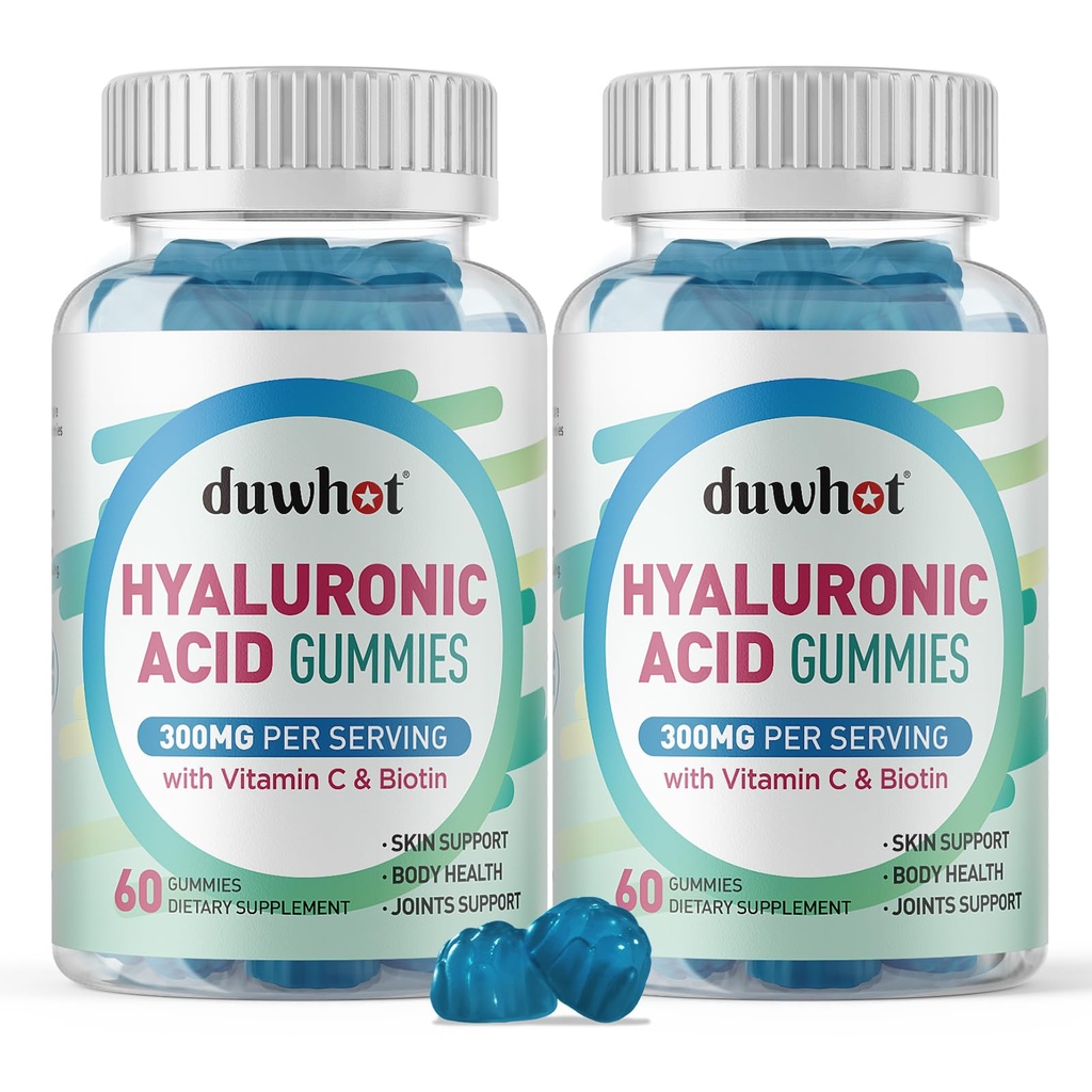 Hyaluronic Acid Gummies, Hialuronic Acid Suplemen dengan Vitamin C & Biotin 5000mcg untuk Skin, Rambut, Nails Kesehatan, Pendukung Joints & Men, Low Sugar, Vegan, Nun-GMO, 60 Counts