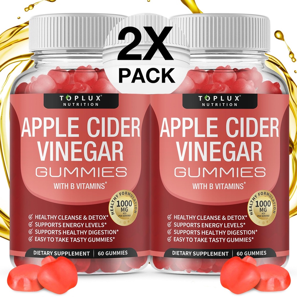 Toplux Apple Ciegar Gummies - 100mg ACV dengan B12, Beet Root, Pomerate for Immune System, Detox & Cleanse, Gummy Cider Vinegar Capsules, for Men Women 2X Pack