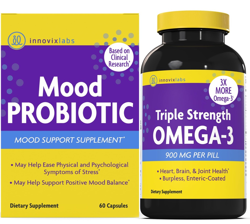 Probiotik Mood & Triple Omega Bundle Mood Probiotic (60 Kapsul) Triple Power Omega-3 Fish Oil (200 Softgel). Supports Brain, Joints and Immune Health *