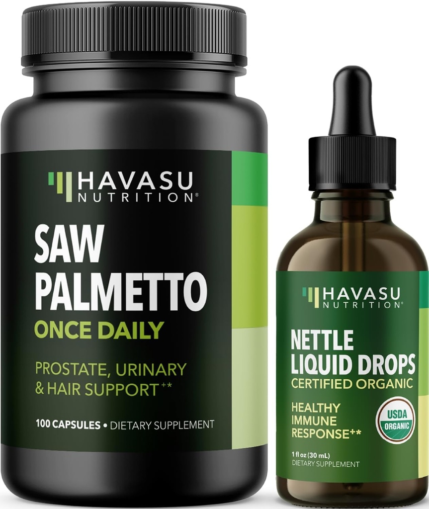 HAVASU NUTRITITION Stinging Nettle Leaf Extract Liquid Drops (60 Servings) & Saw Palmetto Capsules (100 Pelayan)