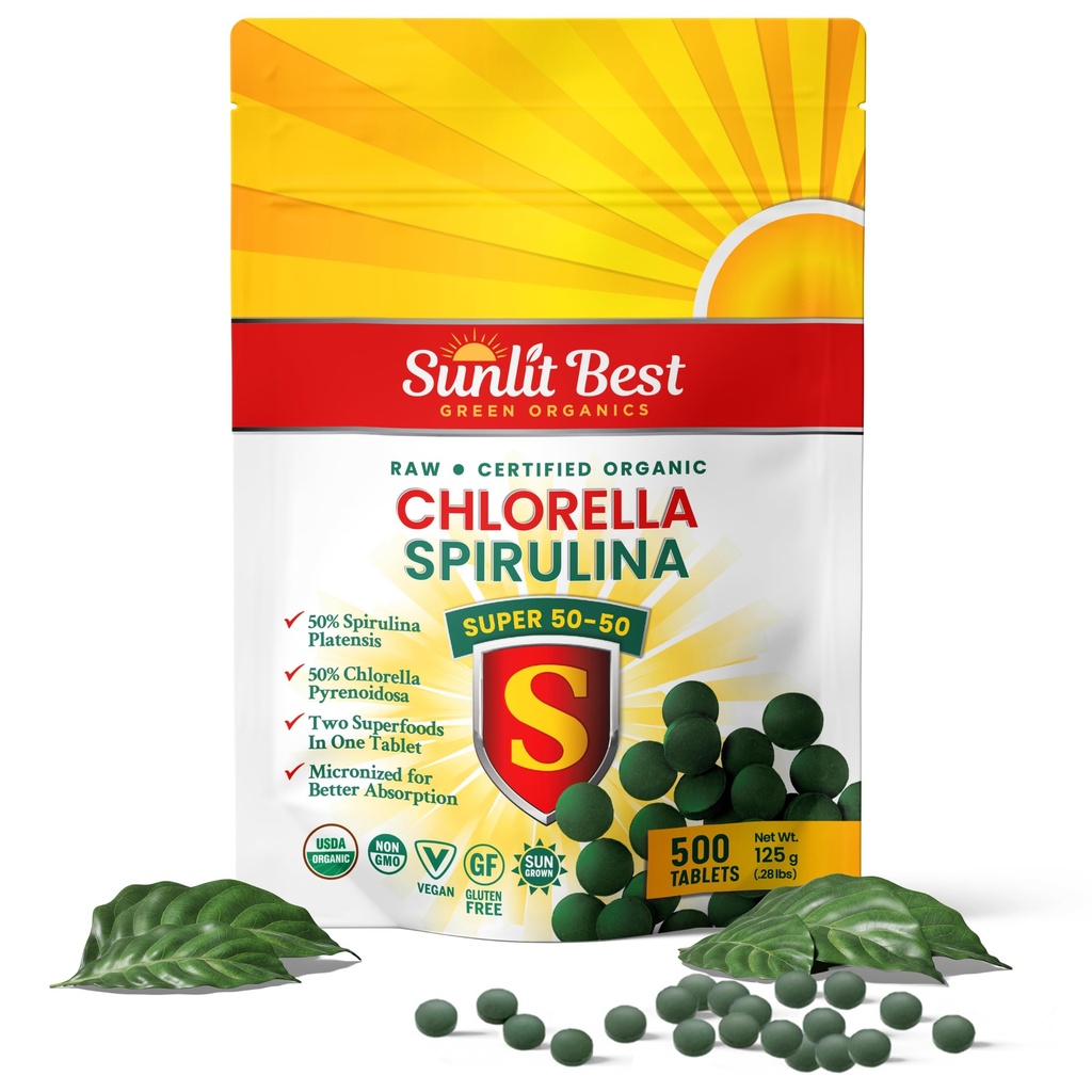 Sunlit Super 50 / 50 Chlorella Spirulina Tablet Organik - Super Suplemen untuk Dukungan Imune, Kesehatan Gut, Mood & Energy - Kaya dalam Chlorophill, Amino Acids & Vegan Protein, 500 Tab Superfood