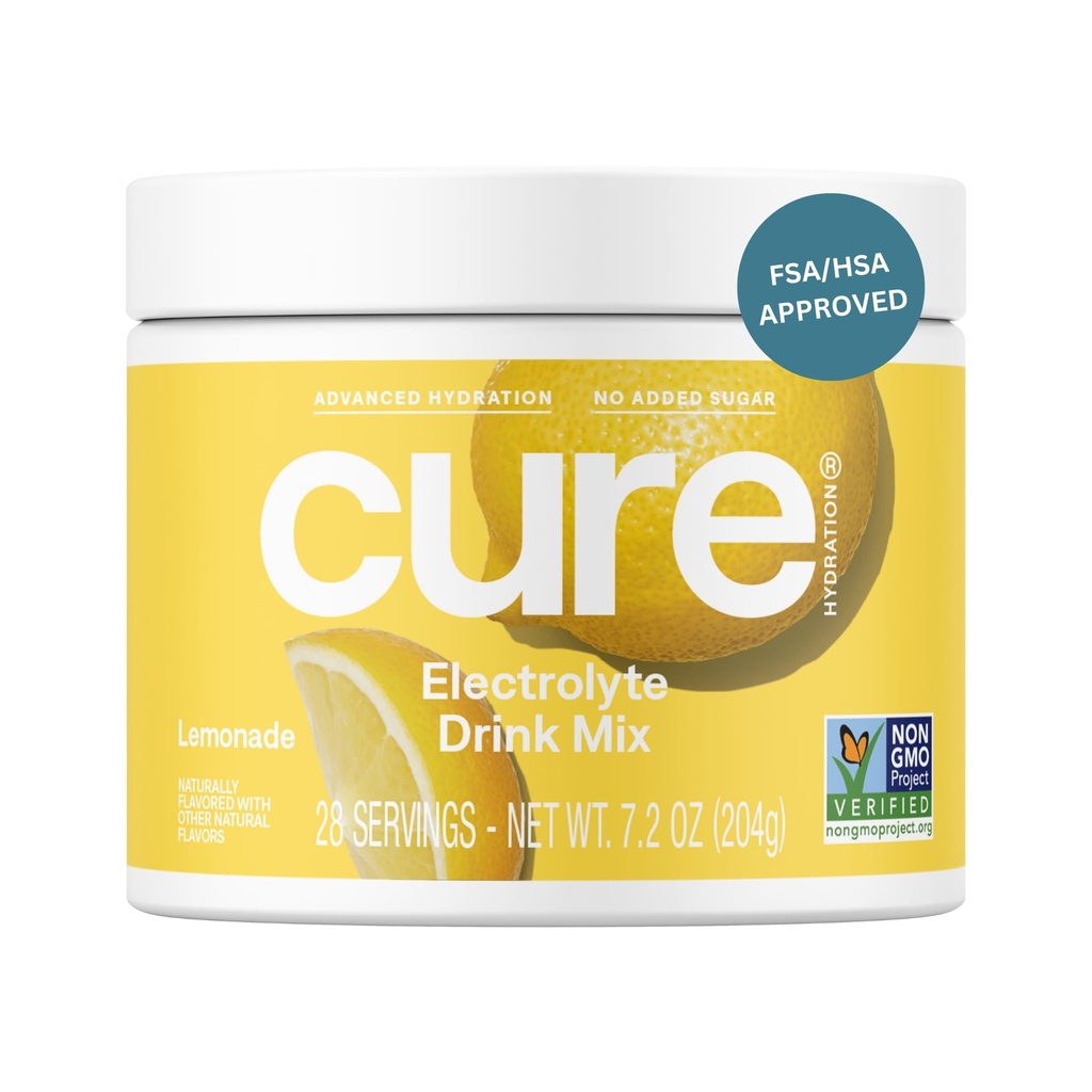 Cure Hidration 14; Plant - berbasis Electrolite Drink Mix 124; No ADded Sugar 14; FSA-HSA 124; Dehidrention Relief Powder Dibuat dengan Coconut Water 124; Non-GMO 124; Vegan 124; 28 Servings Jar