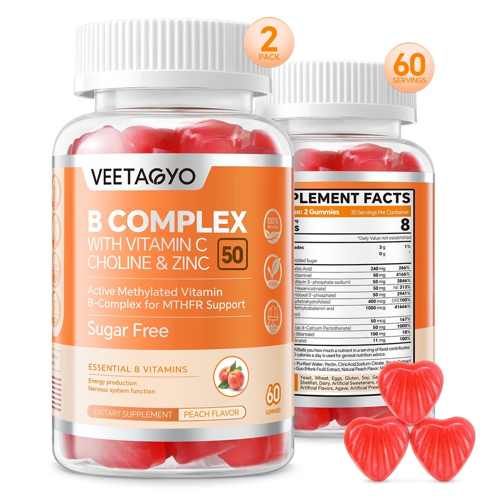 Kompleks 50 Gummies, Methylated B Kompleks dengan Vitamin C, Choline & Zinc - Aktif Metode B-Complex for Energy, Metholated Dukungan - Semua B Vitamin - B1, B2, B5, B6, B9, B12 - Sugar Free, 120 Count