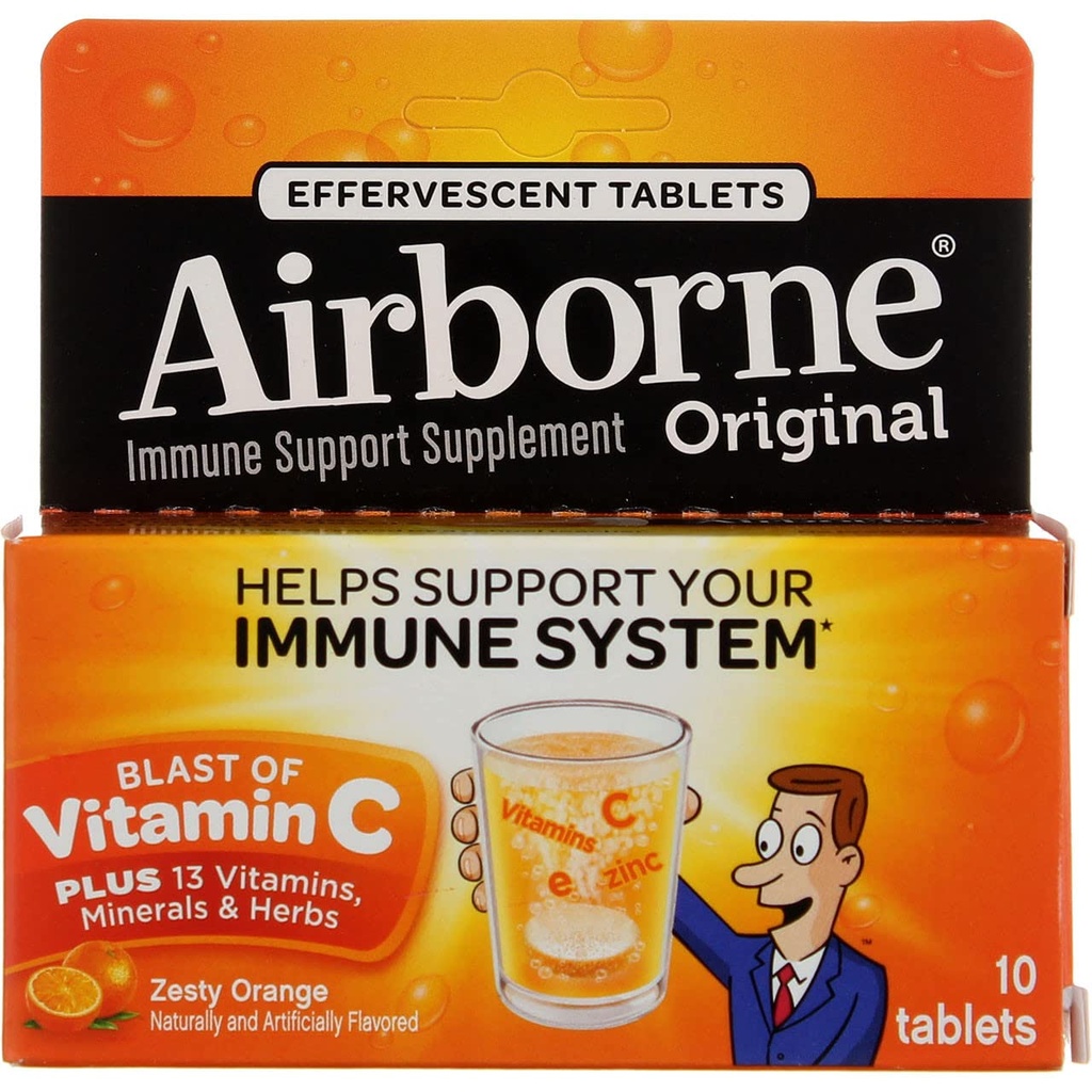 Airborne 1000mg Vitamin C dengan Vitamin D & Zinc, Sugar Free Multivitamin Ammune Suplemen, Antioksidants Vitamin A C & Vitamin E, 10 Effervescent Tablet, Zeste Orange Flavor