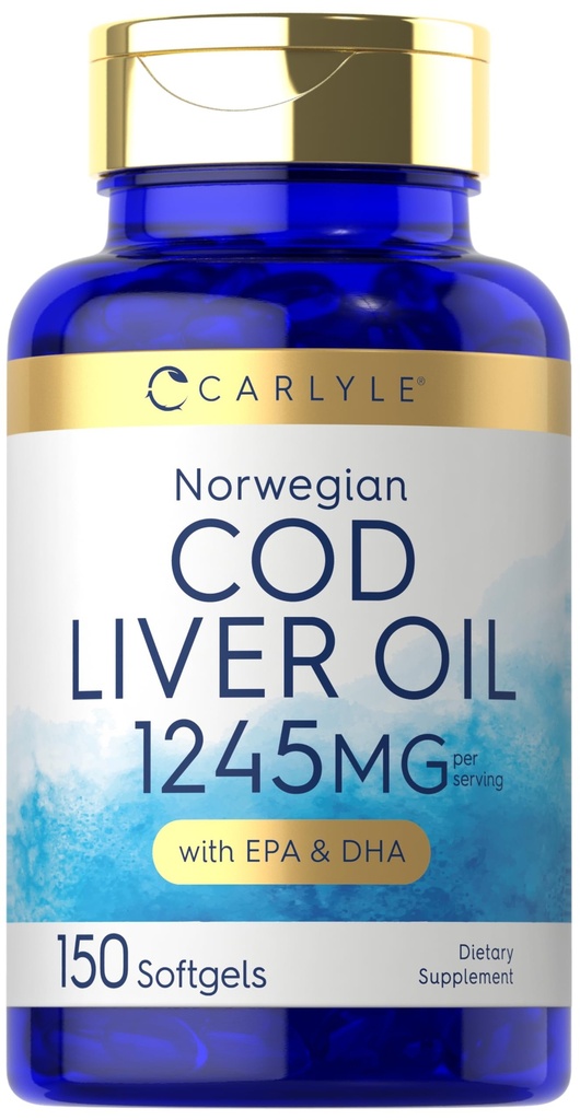 Carlyle Norwegia Cod Liver Oil 124; dengan EPA & DHA 124; 1245mg 124; 150 Softgels 124; Liquid Capsules 124; Non-GMO & Gluten Free Suplemen