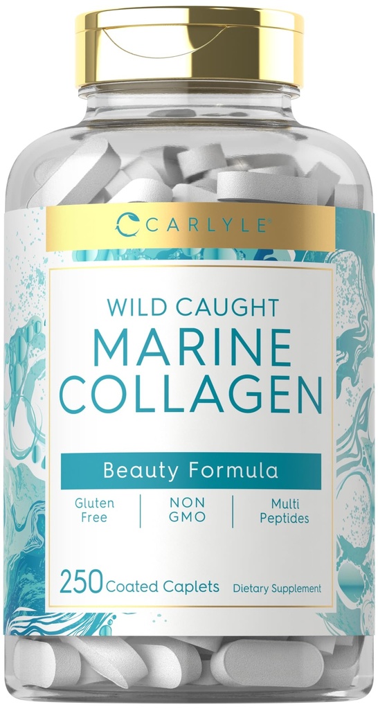 Carlyle Marine Collagen for Hair Skin and Nails 124; 250 Caplets 12.4; Peptides for Women and Men 124; Type I with Kalsium 124; Non-GMO & Gluten Free