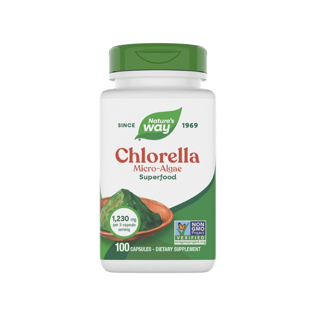 Nature 's Way Chlorella Micro-Algae, Superfood, Support Antioxidant Pathways *, 1.230 mg per 3- Capsule Serving, Vegan, Non-GMO Project Verified, 100 Kapsul (Packaging May Vary)