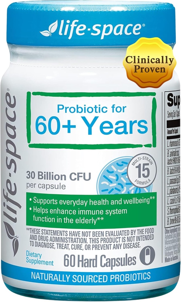 Probiotik Luar Angkasa untuk 60 + Tahun, Menyediakan Ketahanan dan Kesehatan, Vitalitas Gastrointestinal, Bifibacterium laktis, 30 Milyar CFU, Multi Strains - 60 Kapsul