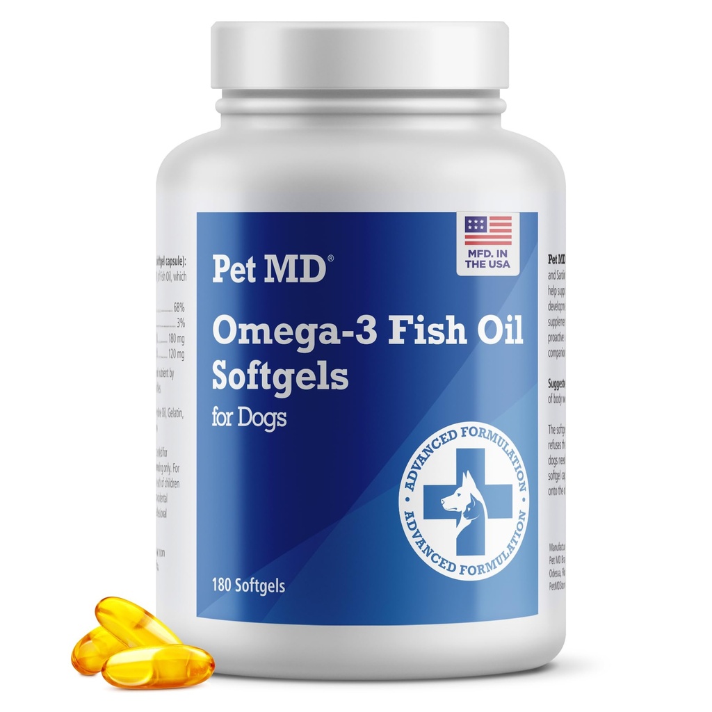 Pet MD - Tambahan Minyak Ikan Omega 3 untuk Anjing - Skin dan Coat Dukungan untuk Anjing - 180 Softgels