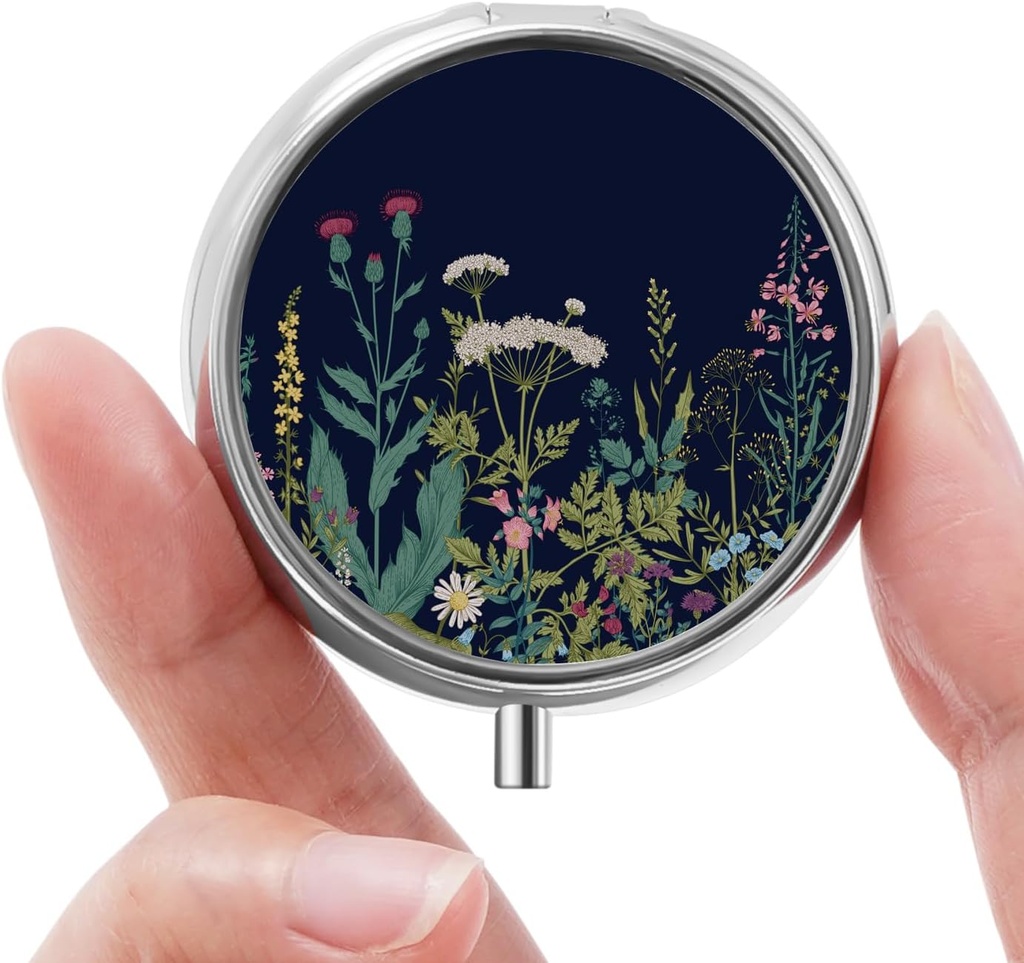 Mini Pill Box, Small Pill Box, Cute Pill Organizer for Vitamin, Medications, Fish Oil and Suplemen (Black Flowers)