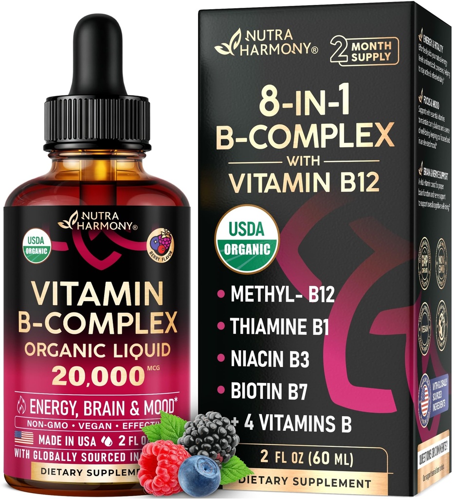 ASDA Organik Vitamin B-Complex B5 Pantothenic Acid 124; B12 Methylcobalamin 124; B1 Thiamine 124; B6 Pyridoxine 124; B7 Biotin 124; B9 Module 124M, B3 Niacinamide Liquid Drops, Dibuat di AS Tambahan, 2lF Oz