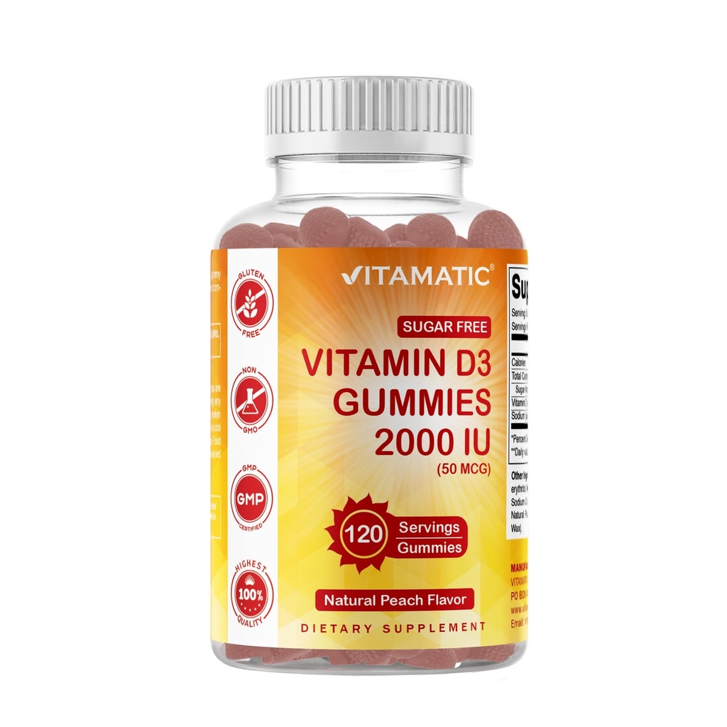 Vitamatic Sugar Free Vitamin D3 2000 IU - 120 Pectin Based Gummies - Great Tasy - Healthy Bones, Mood & Imune System Fungsi - Non-GMO - 120 Servings