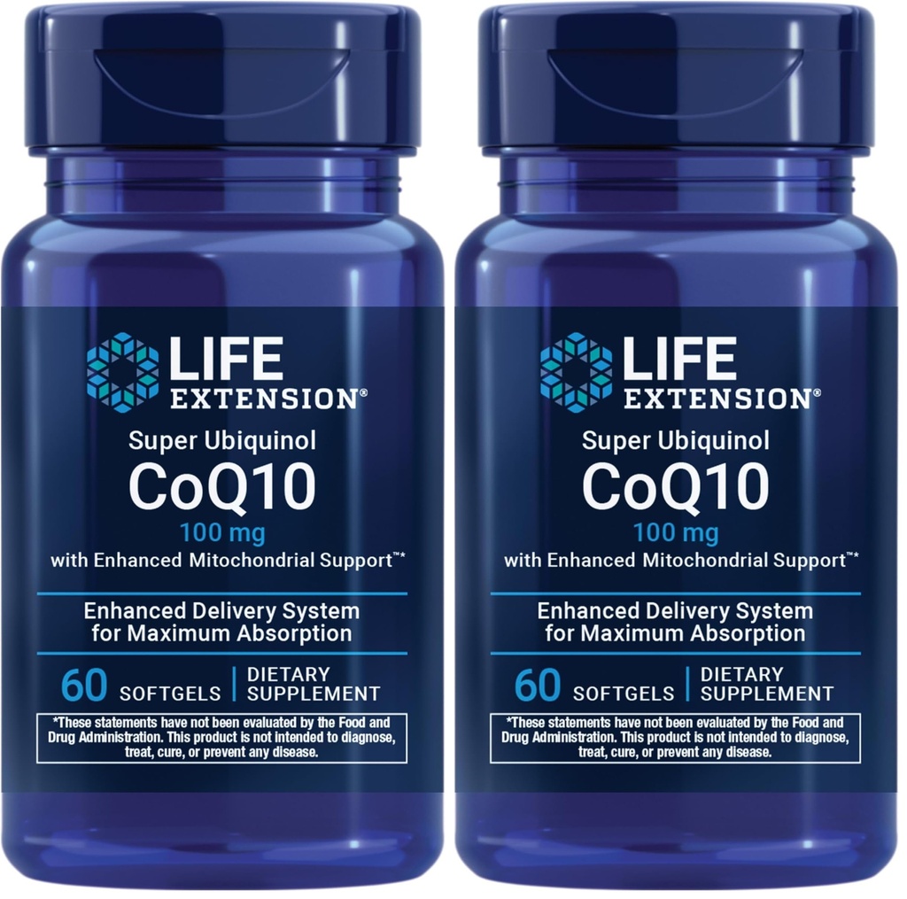 Ekstensi Hidup Super Ubiquinol CoQ10 dengan dukungan Enhanced Mitokondrial, Dukungan Kesehatan & Cellular Energi, Ultra- menyerap, Bebas, Non- GMO, 100 mg, 60 softgels (Paket 2)