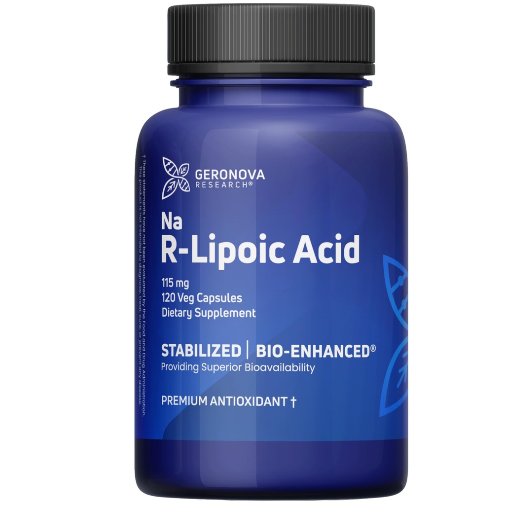 Geronova Research Bio- Enhanced R-Lipoic Acid, 115 mg Capsules - 4 Bulan Supply - Stabilisasi R Alpha Lipoic Acid Suplemen dengan Enhanced Absorpsi - 120 Cacah