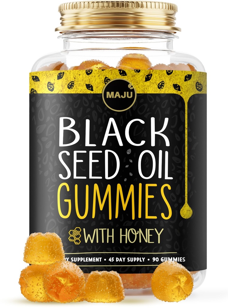 Gummies Minyak Benih Hitam MAJU dengan Madu 90ct, 500mg BSO Gummy, Benih Cumin Hitam Nigella Sativa Oil, Cold- Dipaksa, Mampu Formula Mula, 90ct