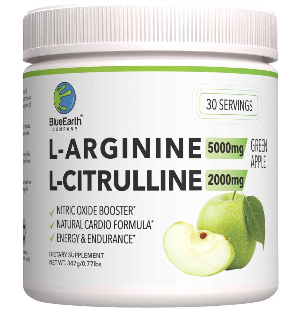 L-Arginine 5000mg + L-Citrulline 2000mg Powder Supplement Drink Mix - Nitric Oxide Booster for Heart Health, Blood & Energy - 30 Servings (Green Apple)