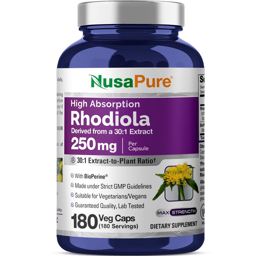 NusaPure Rhodiola Rosea 7.500mg 180 Veggie Capsules (Non- GMO, Ekstrak 30: 1, Vegan & Gluten- Free) Bioperin
