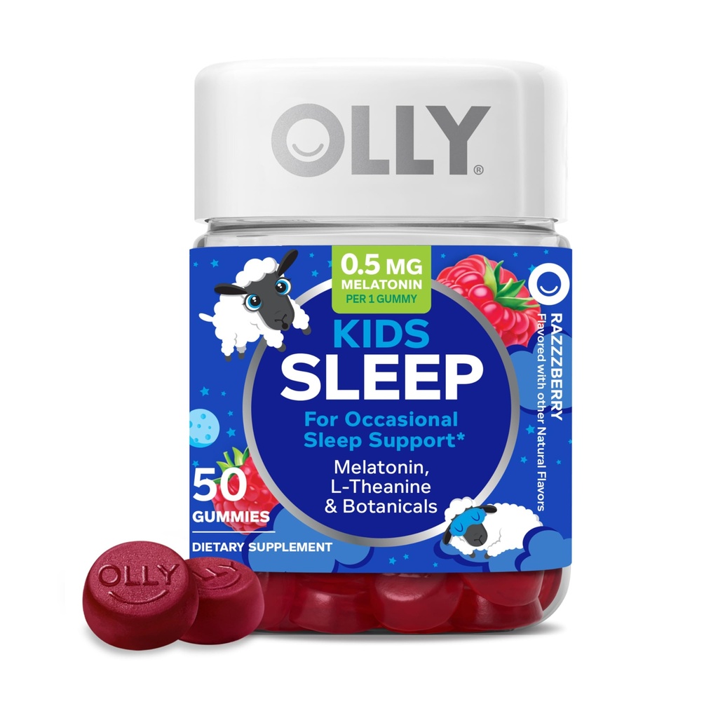 OLLY Kids Sleep Gummy, Occasional Sleep Support, * 0.5mg Melonatin, L- Theanine, Raspberry Flavored, 50 atau 25 Day Suppply - 50 Count