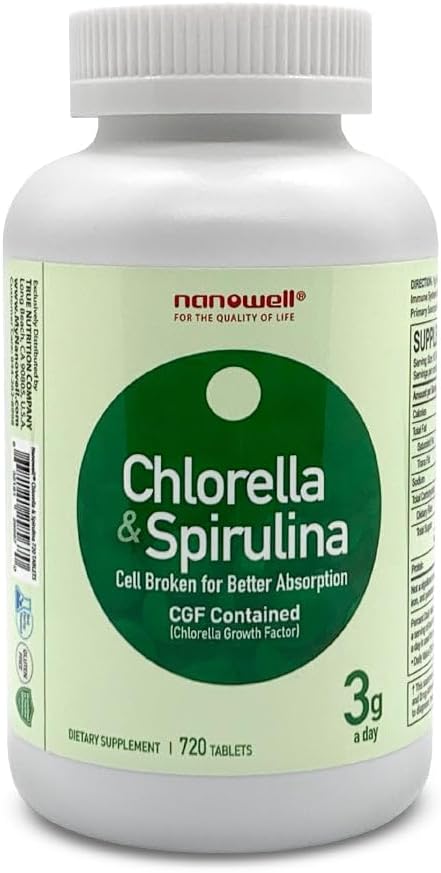 NANOWELL Chlorella & Spirulina 720 Tablet - Chlorella, Spirulina, Antioksidants, Vitamin, Rich in Protein, Broken Cell Wall (720 Count)