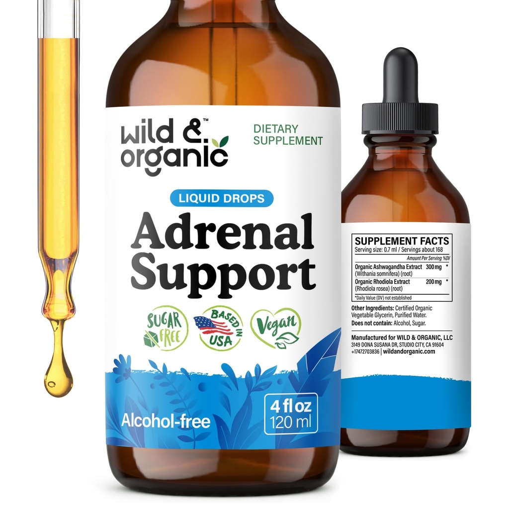 Dukungan Adrenal & Organik Liar Menjatuhkan Pendukung Positif - Suplai Dukungan Adrenal Alam untuk Perempuan dan Pria - Vegan, Tanpa Gula & Alkohol - Persediaan 2-Bulan - 4 fli oz