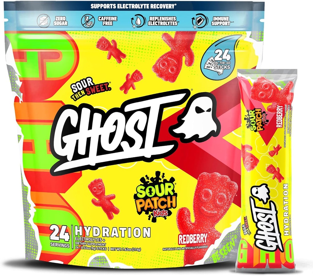 Paket Hidration GHOST, Sour Patch Kids Redberry, 24 Sticks, Electrolite Powder - Drink Mix Suplemen Magnesium, Potusium, Kalsium, Vitamin C - Vegan, Bebas Soy, Sugar & Gluten