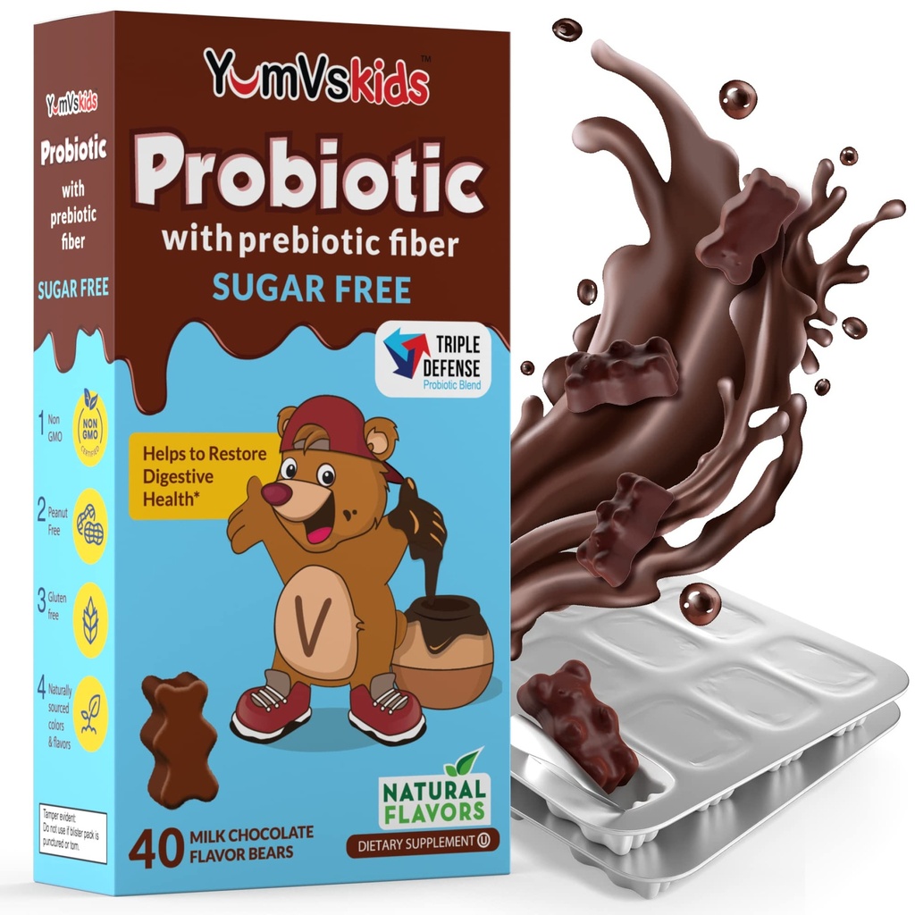 YumVs Progities for Kids with Prebiotic Fiber Sugar Free Chocolate Chocolate Suplemen Diet untuk Kesehatan Digetical - Toddlers, Anak & Teens 60 Count