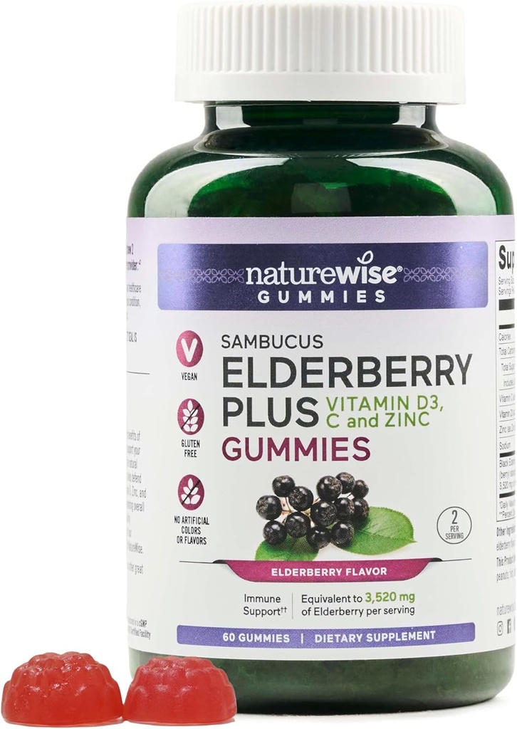 NaturreWise Sambucus Elderberry Gummies - Imune Suplemen Dukungan bagi Anak Umur 4 + & Dewasa -
