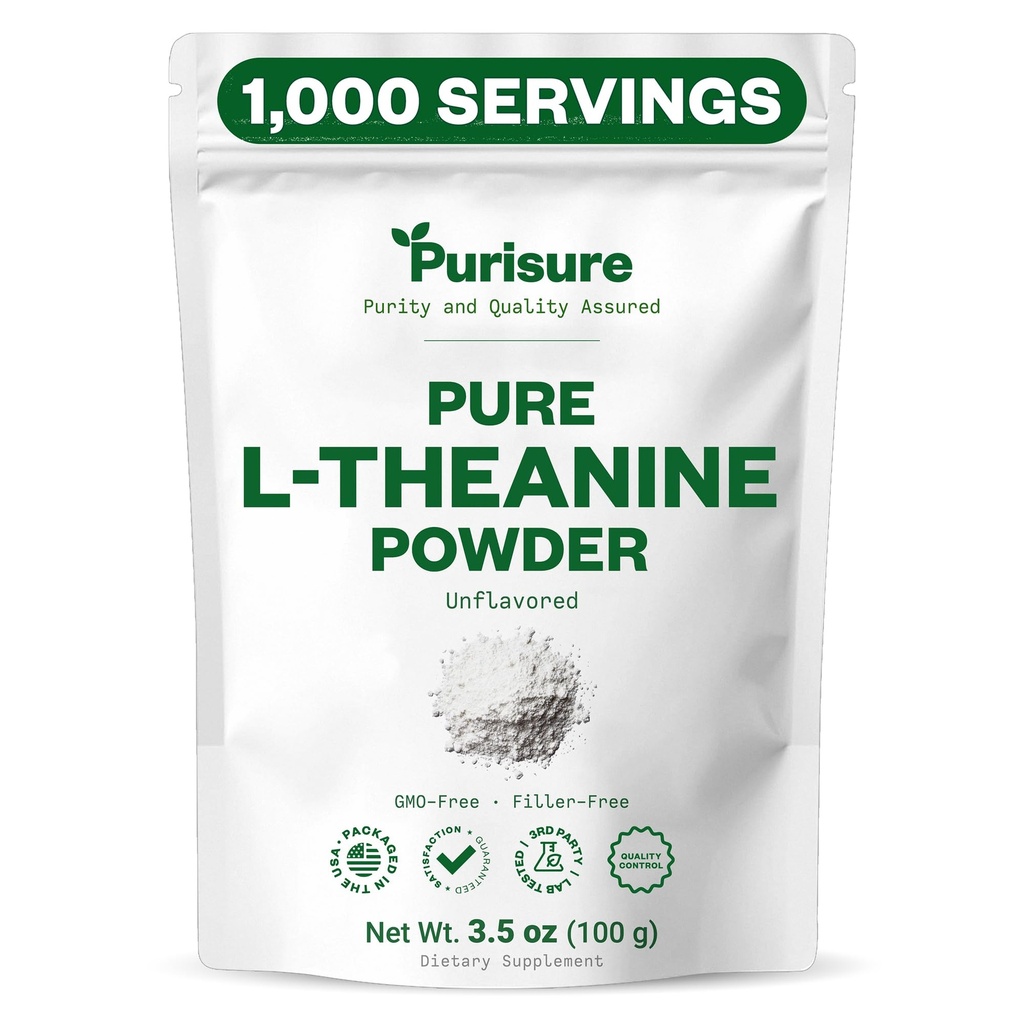 Purisure L-Theanine powder, 100 g, Depoader L Theanine Murni bahwa Promotes Relaxation and Focus, Supplemen untuk Fungsi Kognitive, Tidak Ada Penjual, Non-GMO, 1000 Servis