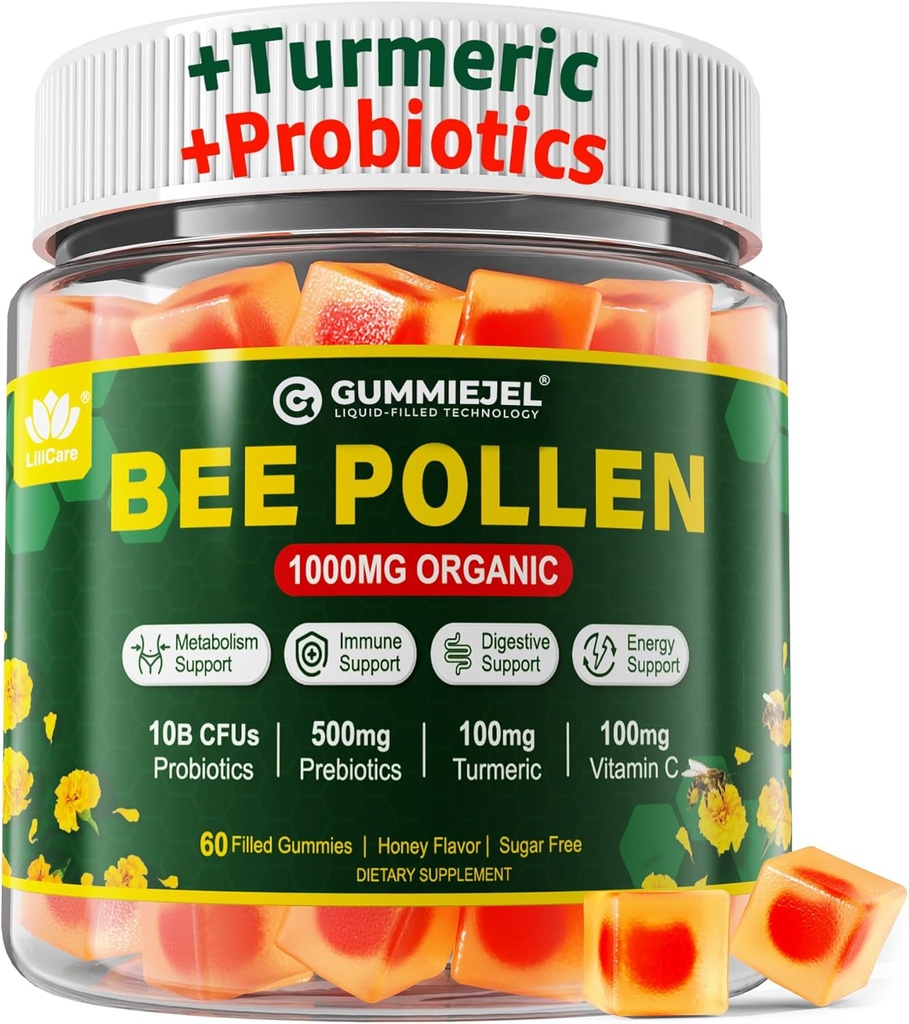 Kesehatan & Weight Bee Pollen Organik 1000mg, w / Progories, Pregren & Turmeric, Bee Pollen Gummies Rich di B- Vitamin, Antioksidants, Amino Acids, untuk Digetives, Berat & Energi