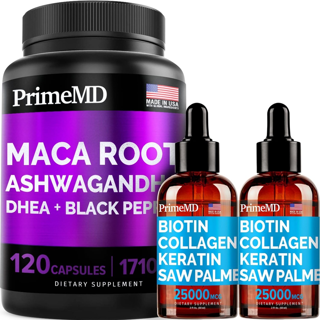 4 in 1 Liquid Biotin Collagen Keratin Saw Palmetto Drops (2 fl oz - 2 Pack) & 6-1 Maca Root Ashwagandha w Black Pepper Fruit (120ct) - Rambut, Skin, Nails, Energi & Mood Supplemen