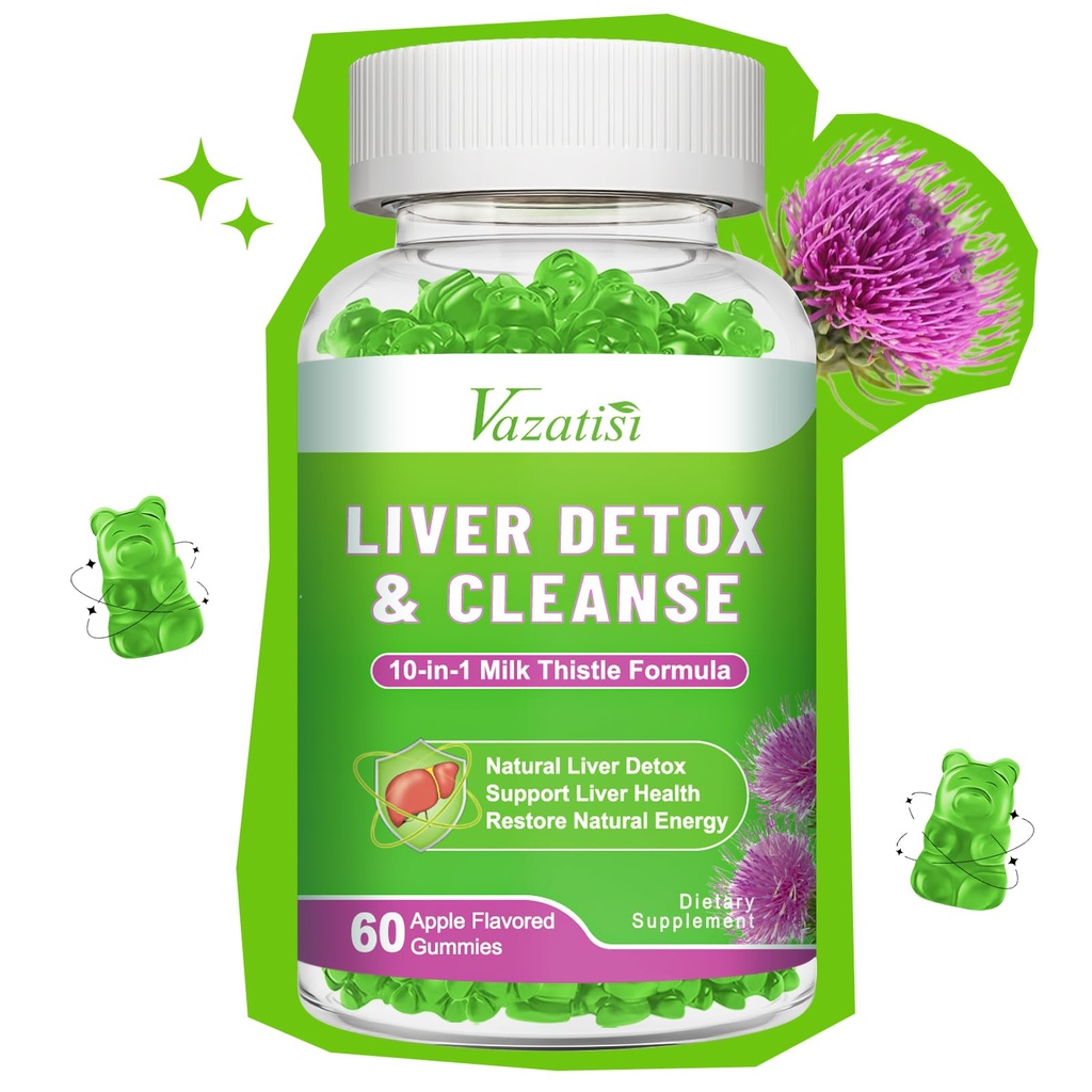 Milk Thistle Gummies untuk Anak Dewasa. Liver Cleanse Detox Repair Gummies, Milk Thistle Extract Suplement for Liver Dukung Digetical Antioksidant, 60ct Apple Flavor