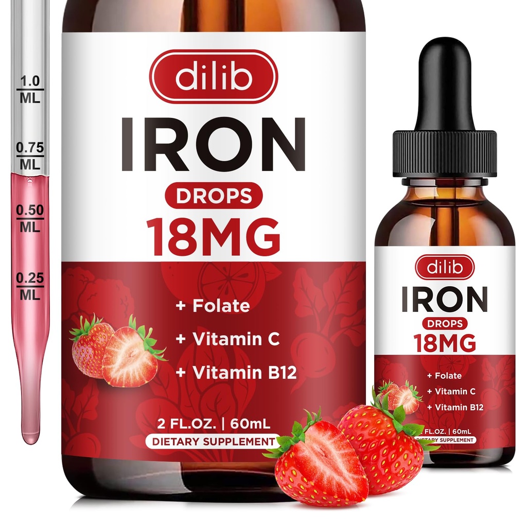 Tambahan Besi Liquid untuk Perempuan & Men Iron Drops Iron Suplemen untuk Anemia dengan Folate, Vitamin C, B12 untuk Red Blood Cell Support - Strawberry, 2 Fl Oz