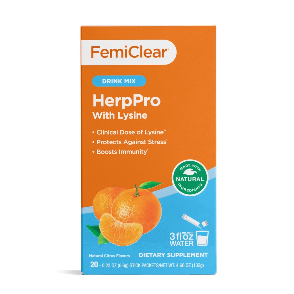 FemiClear HerpPro Drink Mix, dengan L-Lysine 3000mg, Zinc, Vitamin A & C, Ashwagandha, Imunitas & Stress Supplemen Perempuan & Pria, 20 Paket Tongkat