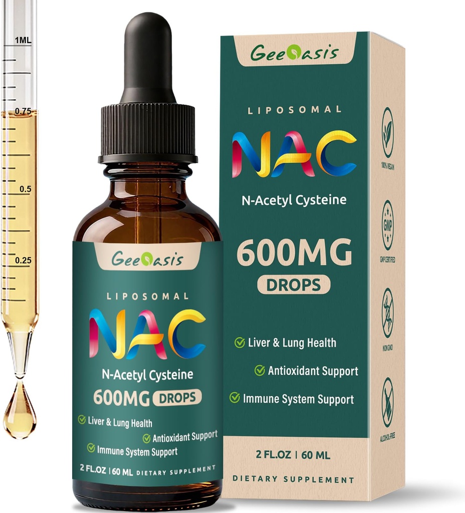 Lipomal Liquid NAC Tambahan N- Acetyl Cysteine Drops, N Acetyl Cysteine 600 mg dengan Quercetin & Zinc untuk Orang dewasa & Anak-anak, Liver & Lung Dukungan, Antioksidant, Immune & Skin Kesehatan, 2 Fl Oz