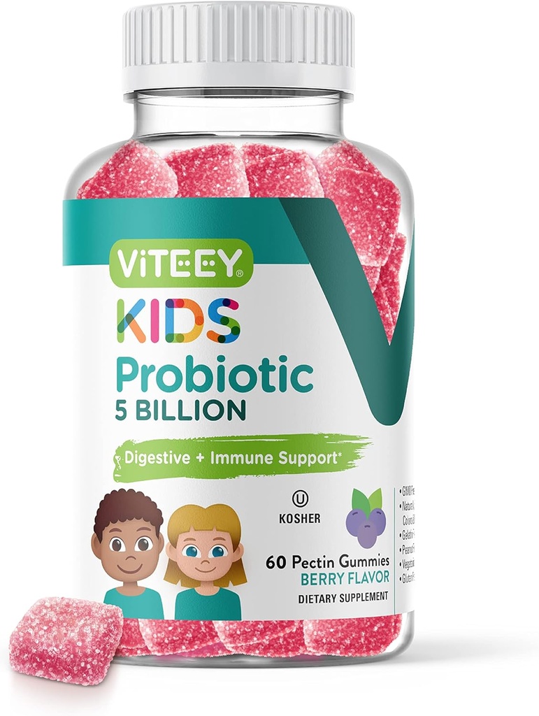Viteey Promies for Kids - 5 Billion CFUs - Propiness Kids Constipation Relief, Natural Immune & Digetical Health Support - Vegetarian, Gelatin Free, GMO Free - Tasty Berry Flavored Gummy