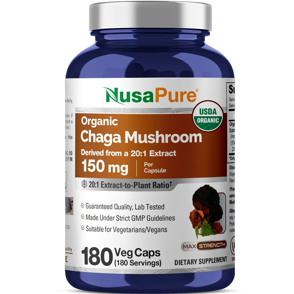 NusaPure Chaga Mushroom 20: 1 Ekstrak, 150 mg Equivalen untuk 3.000mg per Veggie Capsule, 180 Count, USDA Organik, Vegan, Non-GMO