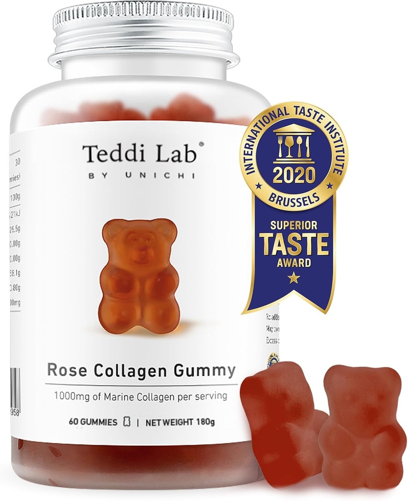 Unichi Rose Collagen Gummy, 100mg High- Volume Marine Collagen Gummy Suplemen Wanita dengan Collagen Peptides, Rose Petals, Acerola Cherry, Rosehip, 60 Count