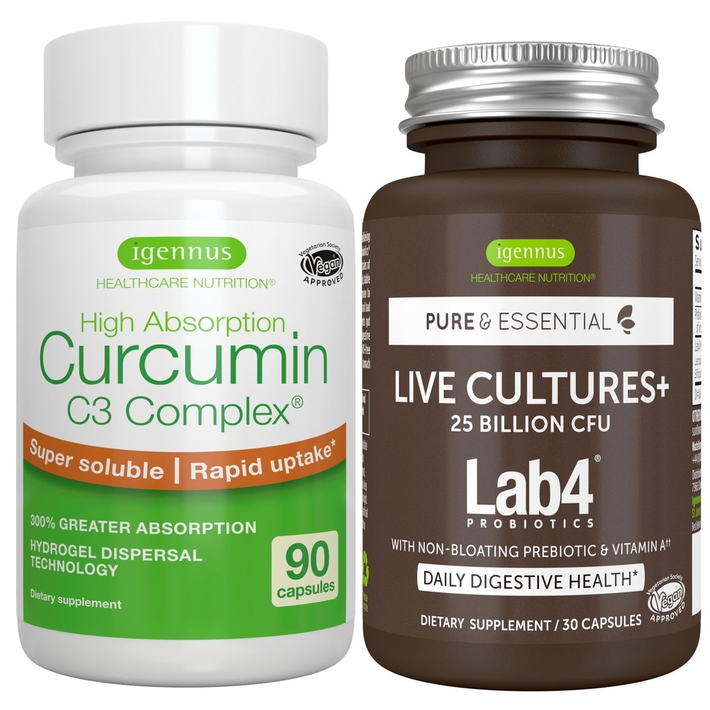 Live Cultures + Produksi Lab4 Problem + High Absorpsi Curcumin C3 Kompleks Vegan Bundle, 25 Milyar CFU Probiotic, Bukan-Bloating Prebiotic + 300% Greater Kurcuminoid Absorpsi dengan Rapid Uptake,