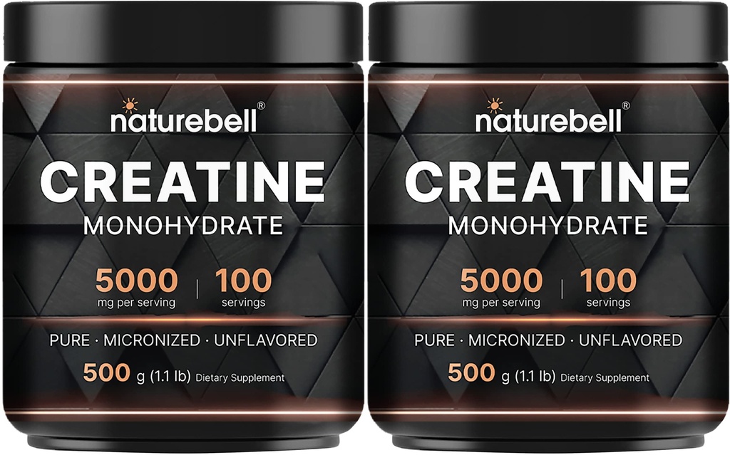 NatureBell 2 Pack Creatine Monohydrate Powder 500g, 500000mg Per Serving £124; Misronized, Pure & Unflamited 14; Pre-Workout Muscle Support 12.4; Keto, Vegan, Filer-Free 124; 200 Servings (2.2 Ibb)