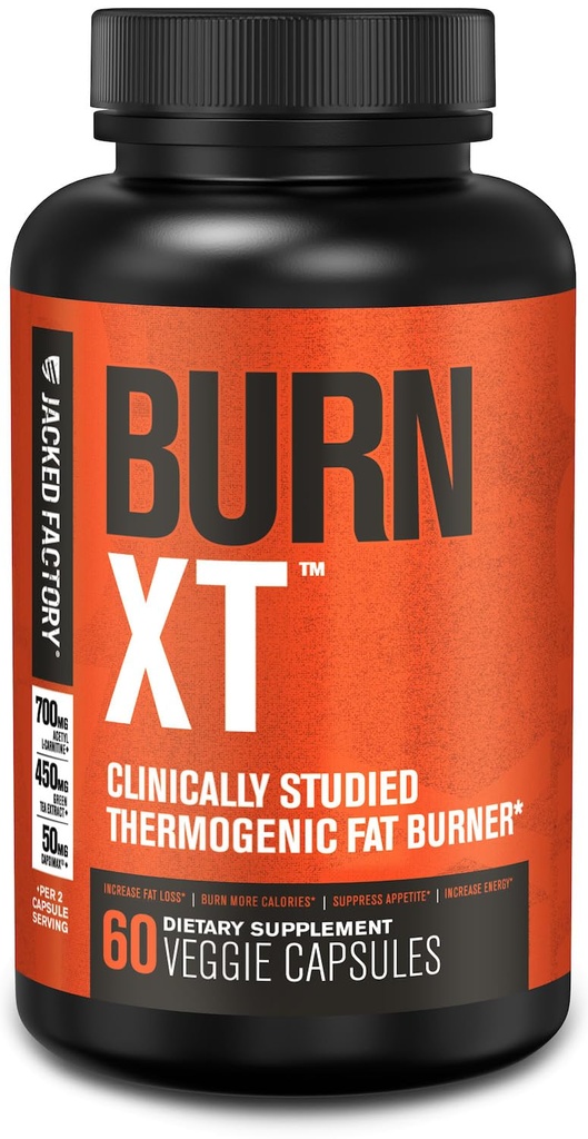 Jacked Factory Burn- XT Clinically Studied Fat Burner & Weight Looss Suppresan & Energy Booster - dengan Acetyl L- Carnitine, Green Tea Extract dan More - 60 Natural Diet Pills