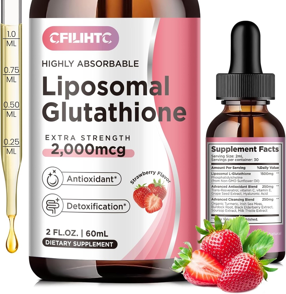Liposal Glutathione Liquid Drops, Glutathione Liquid Suplemen, Formasi Aktif L- Glutathione, dengan Vitamin C, Detox Liver, Antioksidant untuk Anti- Aging, Imune & Cleansing, Strawberry Flavor, 2 FL.OZ