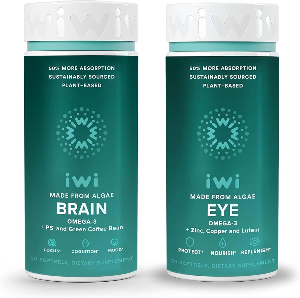 Iwi Life Brain & Eye Omega-3 Bundle, 30 hamba, Vegan Plant - berbasis Algae Omega 3 dengan EPA + DHA, Krill & Fish Oil Alternative, No Fishy Aftertaste