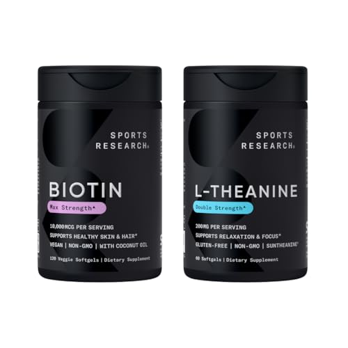 Vegan Riset Olahraga Biotin 10.000mcg dengan Coconut Oil Max Power Vitamin B7 120 Softgels (4 Bulan Supply) dan Double Power L-Theanine Supplemen untuk Fokus, Relaksasi & Alertice 200mg 60 Count