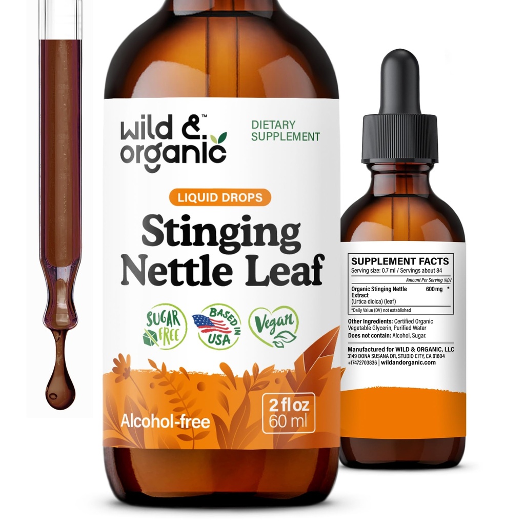Wild & Organic Stanging Nettle Leaf Extract Drops - Urinary Tract Support - Liquid Stinging Nettle Suplement - Urtica Dioica Tincture - 2 Bulan Supply - Vegan, Sugar & Alcohol- Free - 2 fl oz