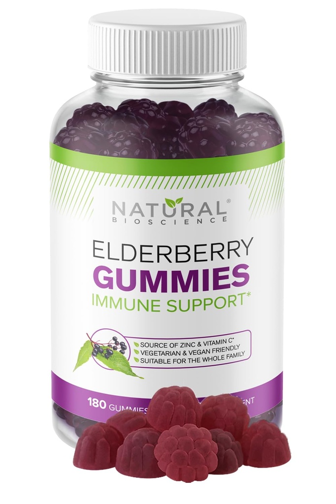 Sambucus BioScience Sambucus Elderberry dengan Vitamin C & Zinc, Dukungan Imuniune untuk Dewasa & Anak-anak, Harian Antioksidant & Wellness Boost, 180 Vegan, Gluten-Free, Elderberry Gummies Chewable