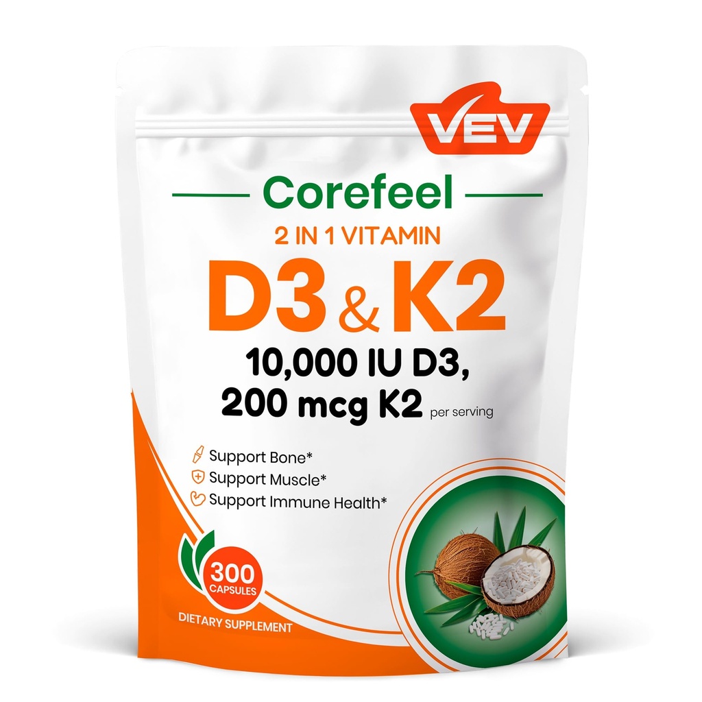 VEV Corefeel Vitamin D3 K2, 10.000 IU D3, 200mcg K2 (dengan MK7), Pasangkan Bone and Teeth Health, Dukungan Nuklir Dual untuk Harian Wellness, Mudah ditelan - 300 Kapsul