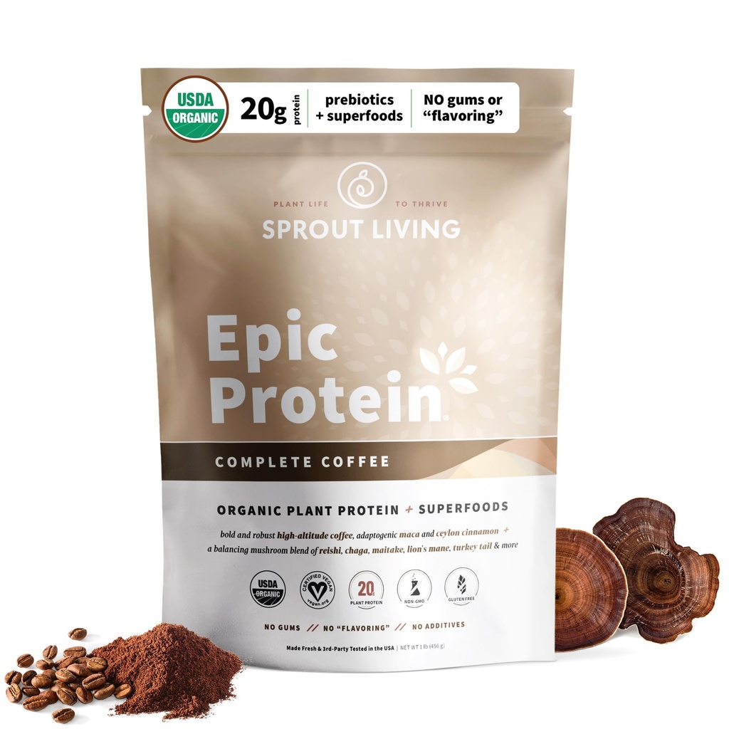 Sprout Living, Epic Protein, Tanaman berbasis Protein & SuperFoods Powder, Komplete Coffee 124; 20 Grams Organic Protein Poader, Adaptogens, Mushroom, Vegan, Non- GMO, Gluten Free (1 Pound, 12 Pelayan)