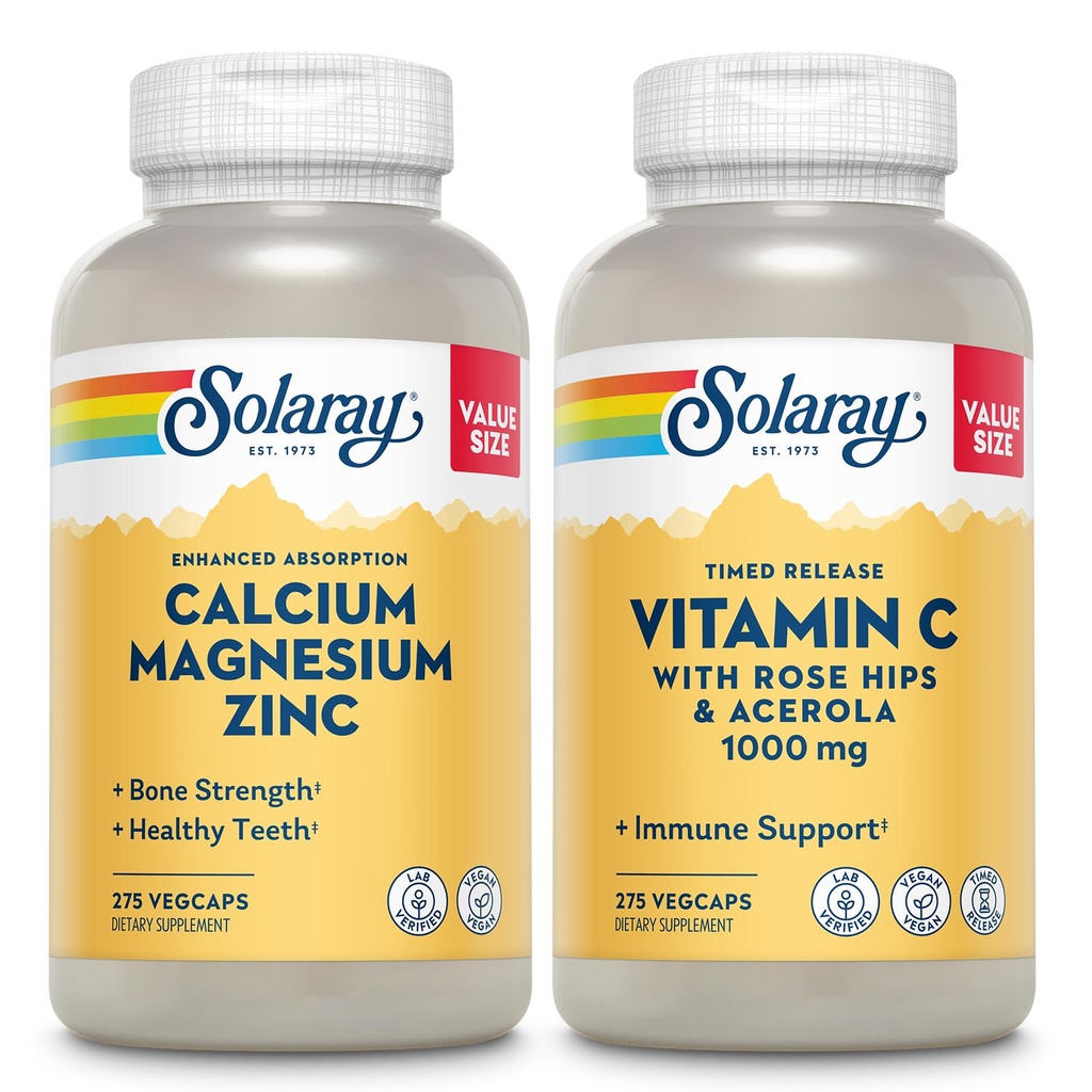 SOLARAY Calcium Magnesium Zinc dan Timed Rilis Vitamin C - Bone Health, Ammune Dukung Bundle, 100mg Calcium, 500mg Magnesium, 1000mg Vitamin C Suplemen, Vegan, 60-Day Jaminan, 275 VecCaps Masing-masing