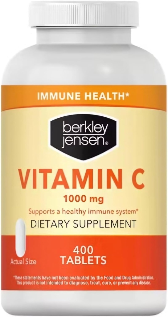 berkley jensen 1000 mg Vitamin C Suplemen (400 Tablet), Tambahan Dukungan Pertahanan Ammune Harian untuk Pria dan Wanita, Gula dan Gluten Bebas Acid Ascorbic, Murni